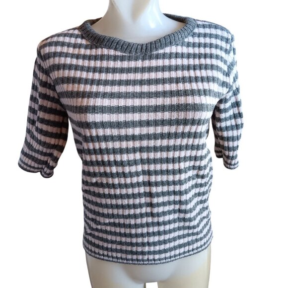 Vintage Women's Medium T-shirt 1960's Mod Striped Knit Short Sleeve Sweater - Picture 2 of 7
